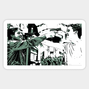 Denver and Auturo face each other and hold the pistols to their heads as comic graphic (vers. 1) Sticker